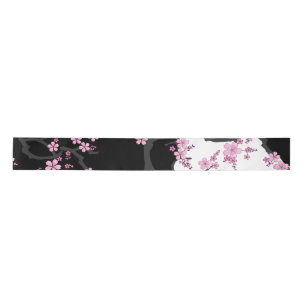 Japans Kimono Black en White Pink Sakura Satijnen Lint