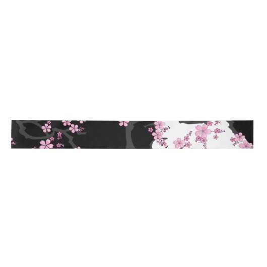 Japans Kimono Black en White Pink Sakura Satijnen Lint (Voorkant)