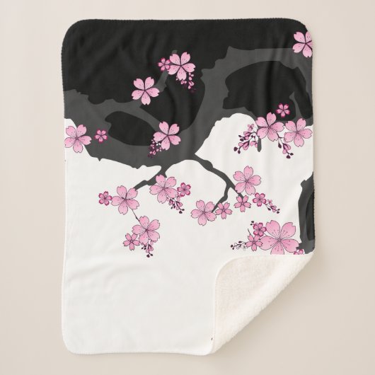 Japans Kimono Black en White Pink Sakura Sherpa Deken (Voorkant)