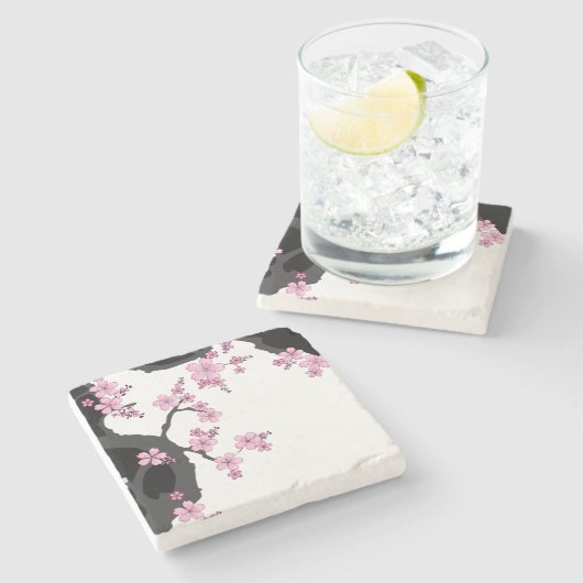 Japans Kimono Black en White Pink Sakura Stenen Onderzetter (Zijkant)