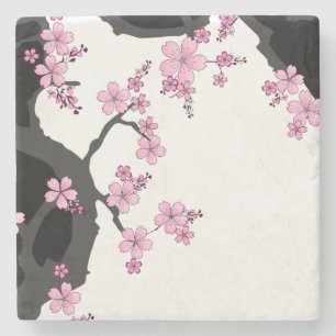 Japans Kimono Black en White Pink Sakura Stenen Onderzetter
