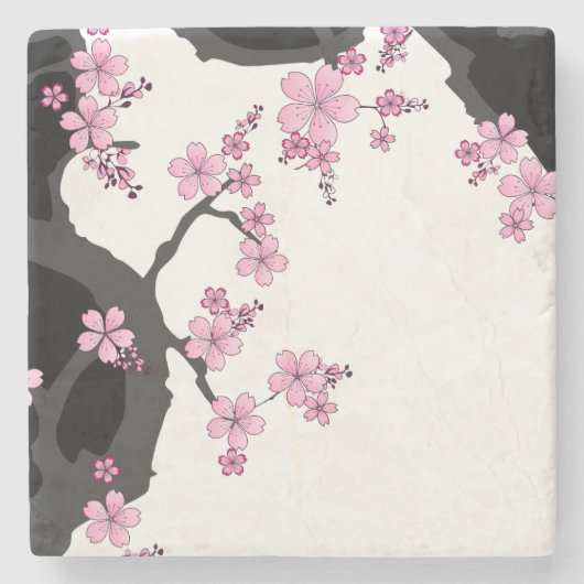 Japans Kimono Black en White Pink Sakura Stenen Onderzetter (Voorkant)