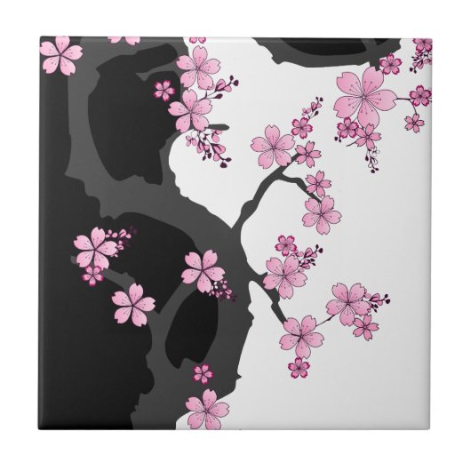 Japans Kimono Black en White Pink Sakura Tegeltje (Voorkant)
