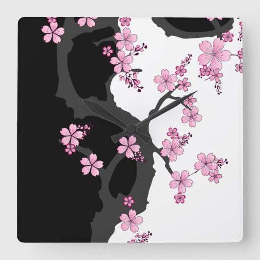 Japans Kimono Black en White Pink Sakura Vierkante Klok (Voorkant)