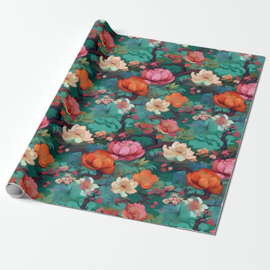 Japans Kimono Sakura en pioen Cadeaupapier (Uitgerold)