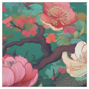 Japans Kimono stijl blauwgroen pioenenenstof patro Stof