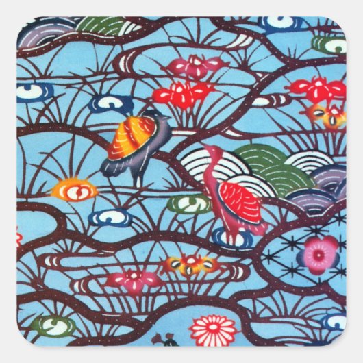  Japans Kimono Textile (Bingata) Vierkante Sticker (Voorkant)