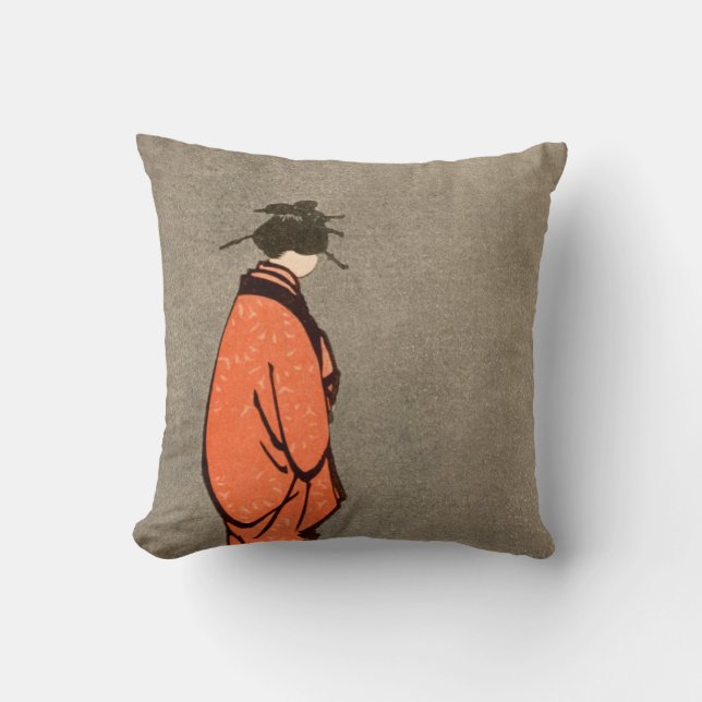  Japans Kimono Woman Oranje wegkijkend Kussen (Voorkant)