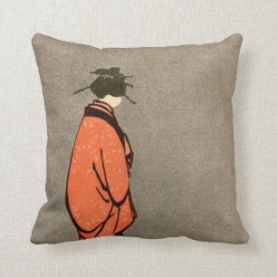 Japans Kimono Woman Oranje wegkijkend Kussen