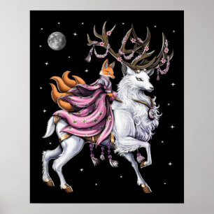 Japans Kitsune Fox Riding Cherry Blossom Herten Poster
