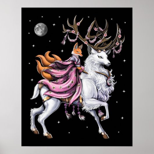 Japans Kitsune Fox Riding Cherry Blossom Herten Poster (Voorkant)