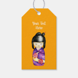 Japans Kokeshi Doll Waterverf Schilderij Cadeaulabel