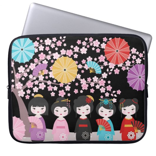 Japans Kokeshi Dolls Black Laptop Sleeve (Voorkant)