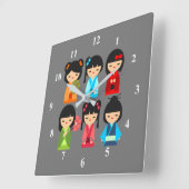 Japans kokeshi-pop vierkante klok (Hoek)