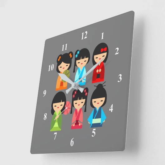 Japans kokeshi-pop vierkante klok (Hoek)