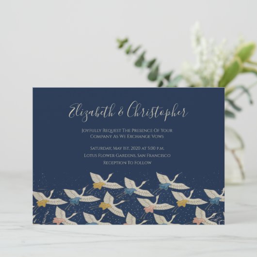 Japans kraan blauwe bruiloft save the date (Staand voorkant)