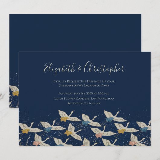 Japans kraan  blauwe bruiloft save the date (Voorkant / Achterkant)