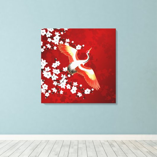 Japans kraan White Cherry Blossom Red Canvas Afdruk (Insitu (Houten vloer))