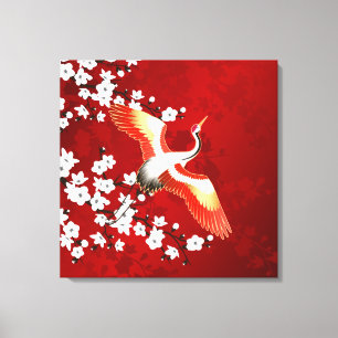 Japans kraan White Cherry Blossom Red Canvas Afdruk
