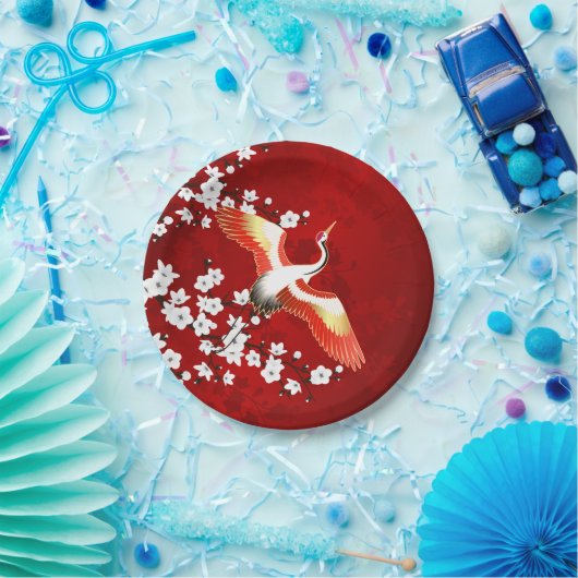 Japans kraan White Cherry Blossom Red Papieren Bordje (Feest)