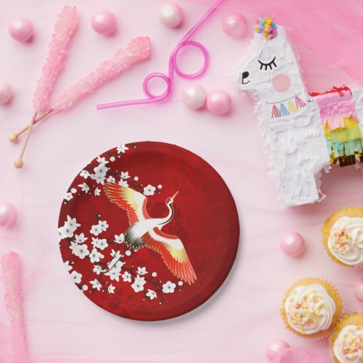 Japans kraan White Cherry Blossom Red Papieren Bordje (Feest)