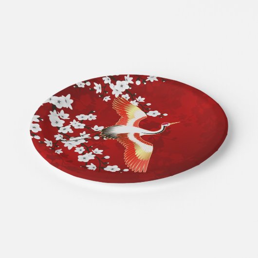 Japans kraan White Cherry Blossom Red Papieren Bordje (Gekanteld)