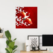 Japans kraan White Cherry Blossom Red Poster (Thuiskantoor)