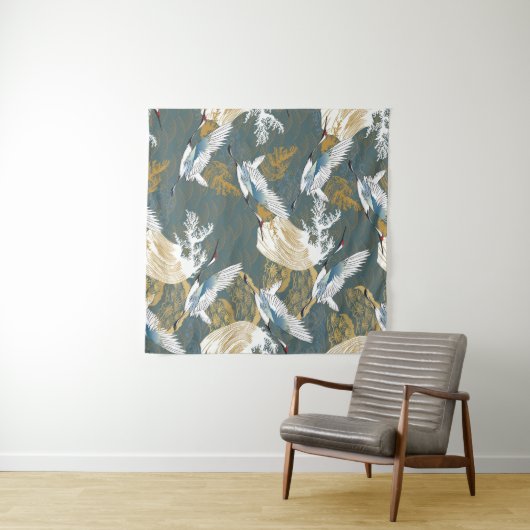 Japans kraanvogelpatroon wandkleed (In Situ (horizontaal))