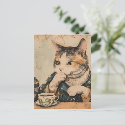  Japans kunst schattige kat met een kopje thee Briefkaart (Staand voorkant)