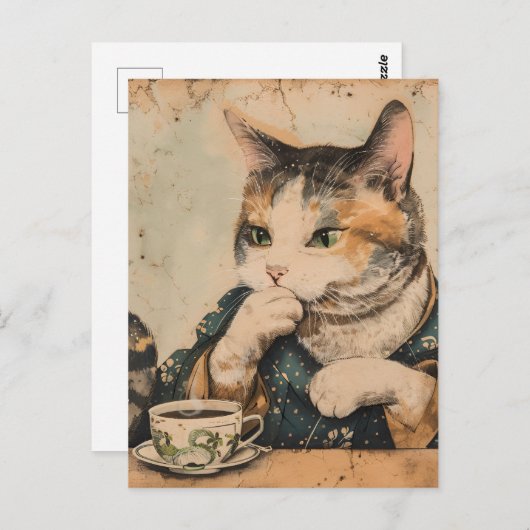  Japans kunst schattige kat met een kopje thee Briefkaart (Voorkant / Achterkant)