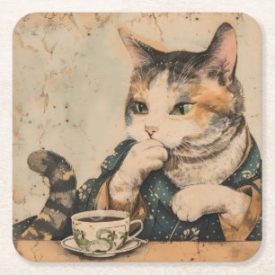  Japans kunst schattige kat met een kopje thee Kartonnen Onderzetters