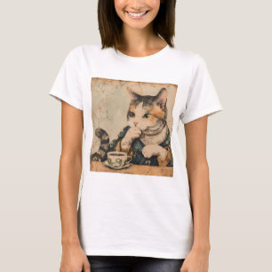  Japans kunst schattige kat met een kopje thee T-shirt