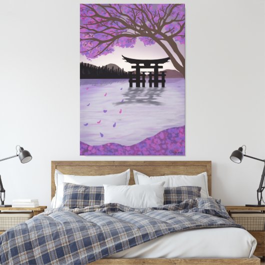 Japans kunstCherry Blossom Tree en Lake Canvas Afdruk (Insitu (Slaapkamer))