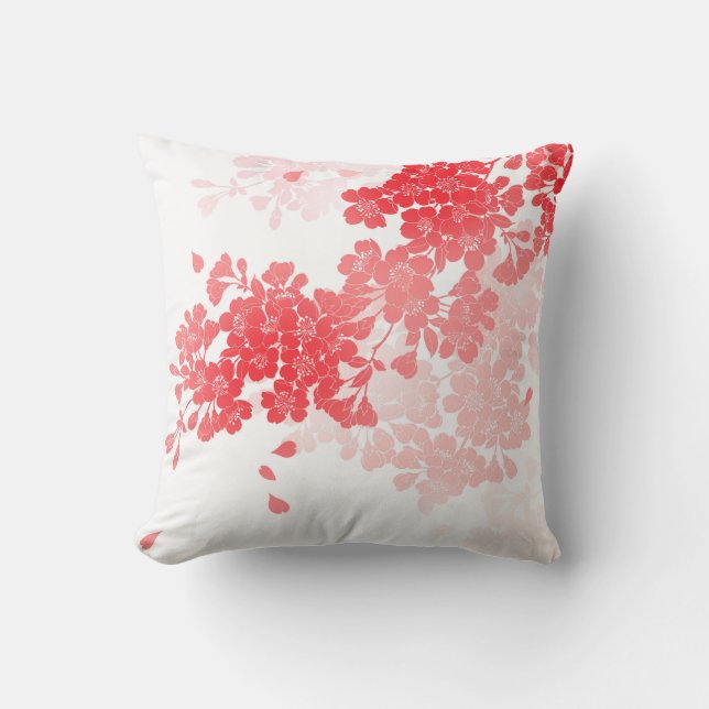 Japans kunstrood en roze bloemen buitenkussen (Voorkant)