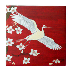 Japans kunststijl White Crane Cherry Blossom Red Tegeltje