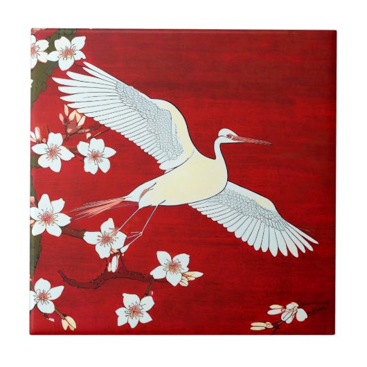 Japans kunststijl White Crane Cherry Blossom Red Tegeltje (Voorkant)