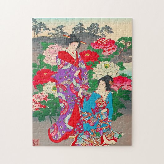 Japans kunstwerk - twee vrouwen die in de tuin van legpuzzel (Verticaal)