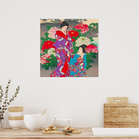 Japans kunstwerk - twee vrouwen die in de tuin van poster (Keuken)