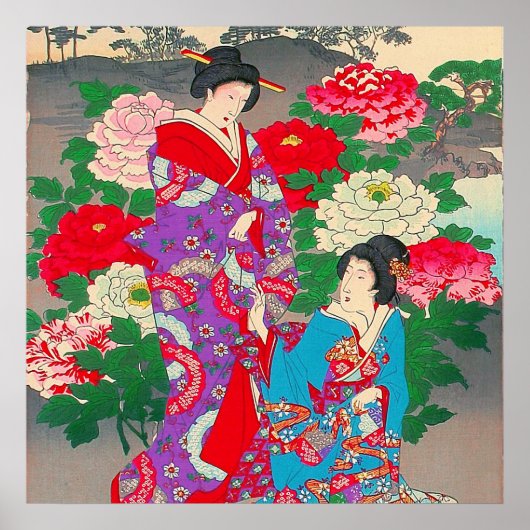 Japans kunstwerk - twee vrouwen die in de tuin van poster (Voorkant)