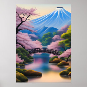 Japans landschap kersenbloesems en berg poster