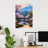 Japans landschap kersenbloesems en berg poster (Thuiskantoor)