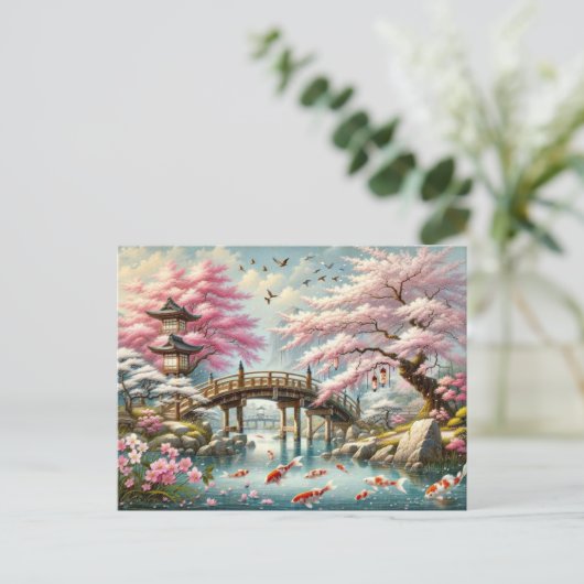 Japans landschap met brug-, koi- en sakura-bomen briefkaart (Staand voorkant)