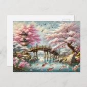Japans landschap met brug-, koi- en sakura-bomen briefkaart (Voorkant / Achterkant)