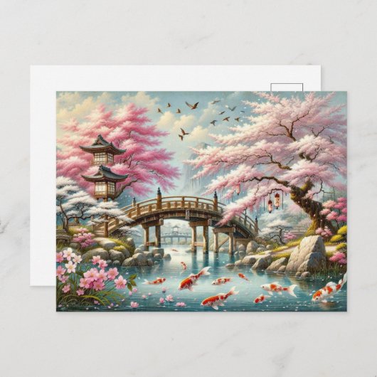Japans landschap met brug-, koi- en sakura-bomen briefkaart (Voorkant / Achterkant)