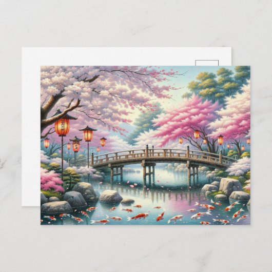 Japans landschap met brug-, koi- en sakura-bomen briefkaart (Voorkant / Achterkant)
