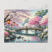 Japans landschap met brug-, koi- en sakura-bomen briefkaart (Voorkant)