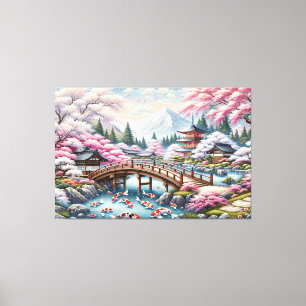 Japans landschap met brug-, koi- en sakura-bomen canvas afdruk