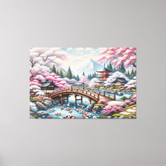 Japans landschap met brug-, koi- en sakura-bomen canvas afdruk (Voorkant)