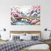 Japans landschap met brug-, koi- en sakura-bomen canvas afdruk (Insitu (Slaapkamer))