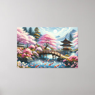 Japans landschap met brug-, koi- en sakura-bomen canvas afdruk